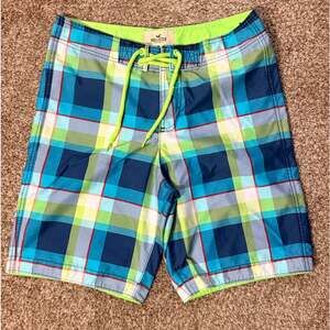 Hollister Co. Mens Board Shorts Medium Plaid Swim Trunks Blue Lime Green Surf